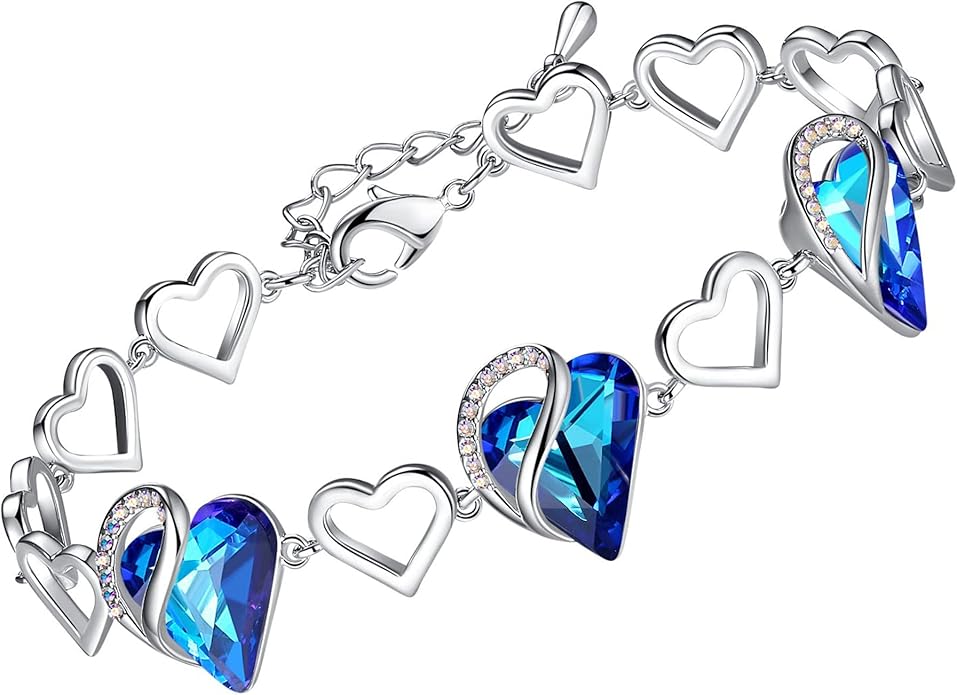 Leafael Infinity Love Heart Link Bracelets, Birthstone or Healing Stone Crystal Bracelet for Women, Silver Tone Jewelry Gifts for Her, 7-inch Chain and 2-inch Extender