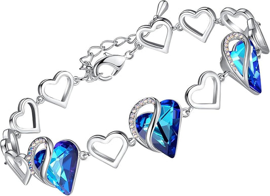 Leafael Infinity Love Heart Link Bracelets, Birthstone or Healing Stone Crystal Bracelet for Women, Silver Tone Jewelry Gifts for Her, 7-inch Chain and 2-inch Extender