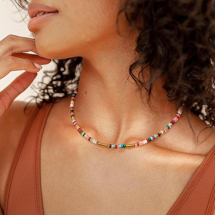 AGOT Beaded Gemstone Necklace for Women: Boho Bead Choker Natural Stone Necklaces - Handmade Jewelry for Summer Beach