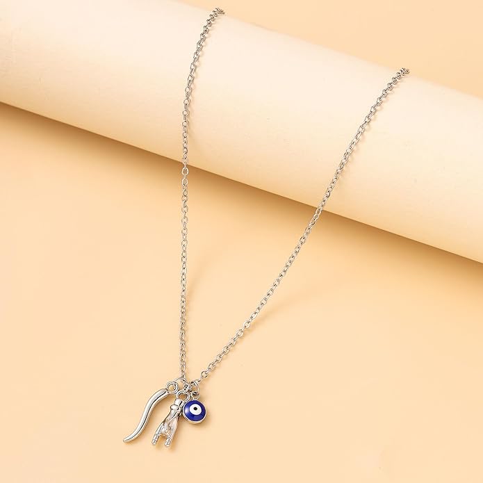 Dainty Blue Evil Eye Charm Horn Pendant Necklace for Women's Spiritual Protection Jewelry 14K Gold Plated