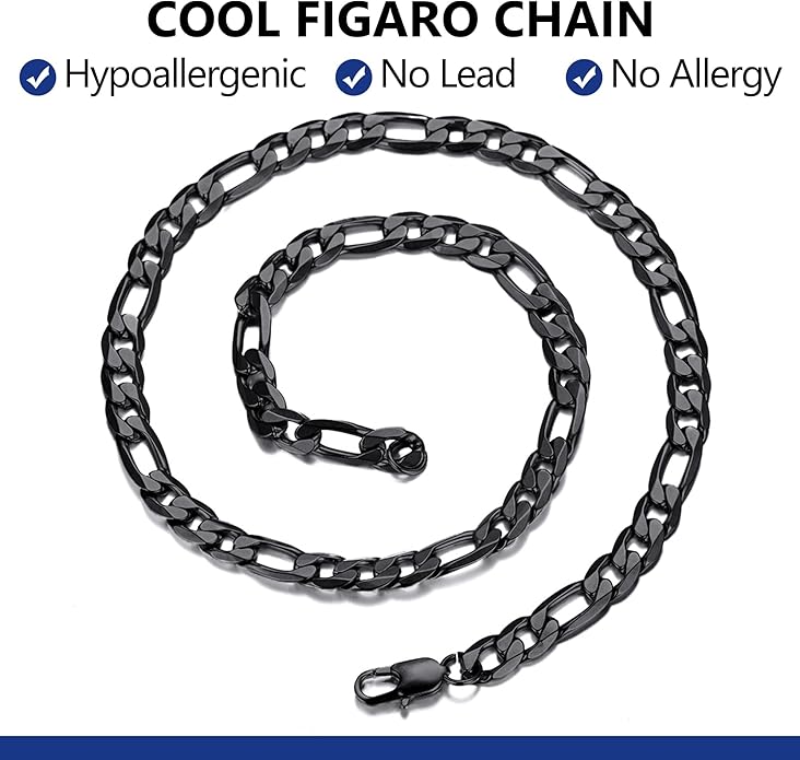 PROSTEEL 316L Stainless Steel Figaro Cuban Chain Necklace for Men, Black/18K Real Gold Plated, 4/5/6/7.5/9/10/13mm, 14inch-30inch, Come with Box