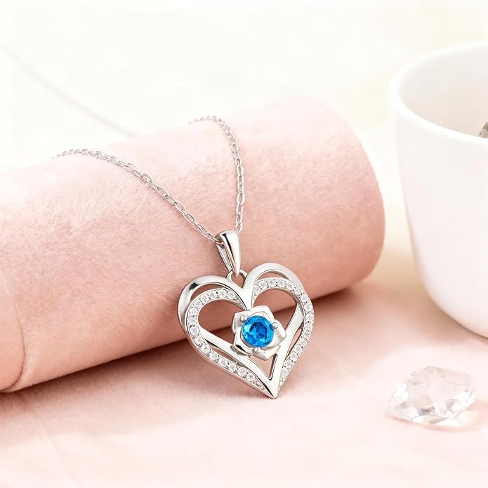 Birthstone Pendant Necklace for Women, Heart Jewelry with Rose Flower Birthday Gift Idea for Wife Girlfriend Mom Friendship on Valentine‘s Day Anniversary Christmas Wedding, 925 Sterling Silver