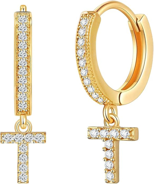 18K Gold Filled Initial Dangle Hoop Earrings for Women, 1 Pair CZ Hypoallergenic Alphabet Letter A-Z Drop Dangle Dainty Gold Earrings, Small Huggie Hoop Earrings with Cubic Zirconia Gifts Jewelry