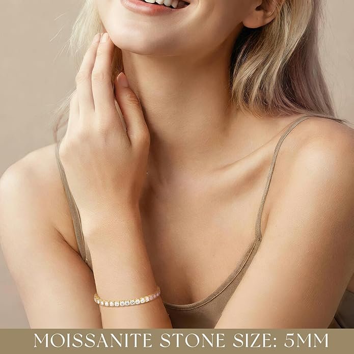 FANCIME Moissanite Tennis Bracelet 4.7-19 Carats 18K Gold Plated 925 Sterling Silver Tennis Bracelet 3mm/4mm/5mm D Color VVS1 Round Cut Moissanite Bracelet for Women Men