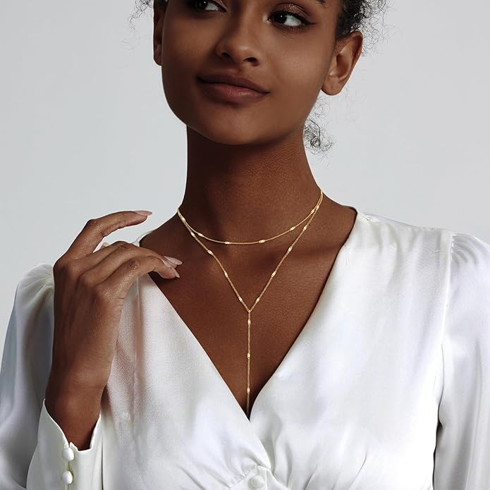Lariat Gold Necklace for Women Trendy Dainty 14k Gold Plated/Silver Layered Chain Drop Necklaces Y-Shaped Necklace Jewelry for Women Gifts
