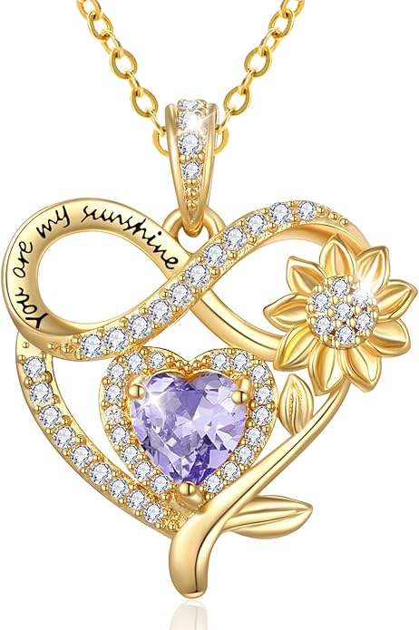 14K Gold Sunflower Heart Necklace for Women, You Are My Sunshine Jewelry with Birthstone Pendant, Anniversary Birthday Gifts for Her Wife Mom Grandma Daughter