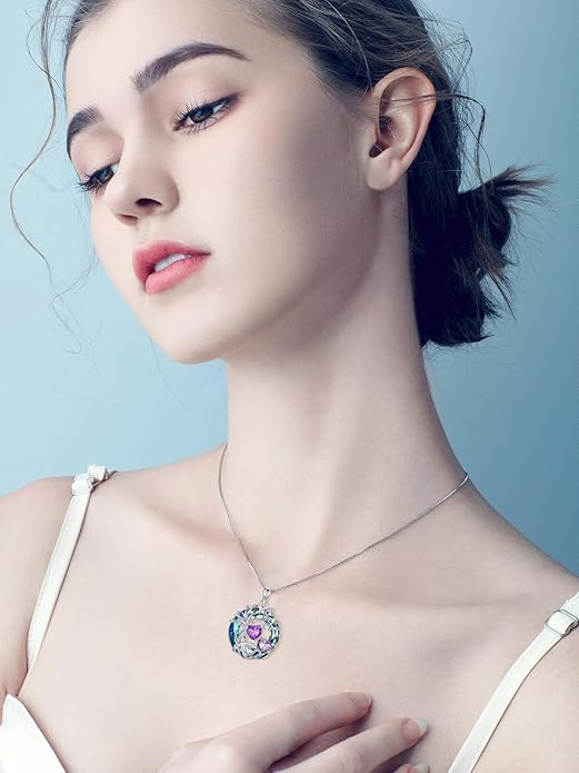TOUPOP s925 Sterling Silver Family Celtic Tree of Life Pendant Necklaces with 2 Heart Birthstone with Blue Austrian Crystal Jewelry Birthday Anniversary Christmas Gifts for Her Wife Girlfriend Mom (18K Real White Gold Filled)