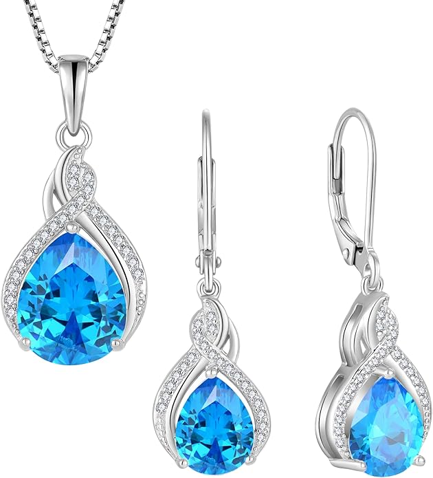 Infinity Teardrop Jewelry Set for Women Aquamarine Necklace & Earrings March Birthstone Jewelry