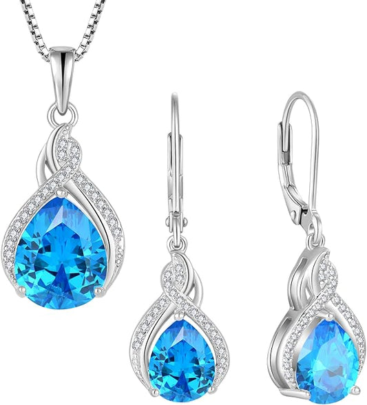 Infinity Teardrop Jewelry Set for Women Aquamarine Necklace & Earrings March Birthstone Jewelry