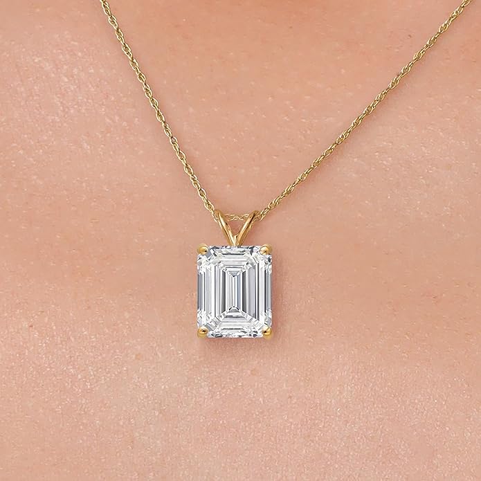 Gem Stone King 1 to 5 Carat 14K Gold IGI Certified Lab Grown Diamond Pendant Necklace For Women | Emerald Cut | E-F Color | VS1-VS2 Clarity | With 18 Inch Gold Chain