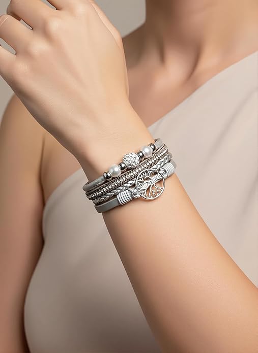Edoneery Leather Wrap Bracelet for Women, Boho Handmade Multi-Layer Cuff with Crystal Beads Heart, Stackable Bangle Western Jewelry Gift
