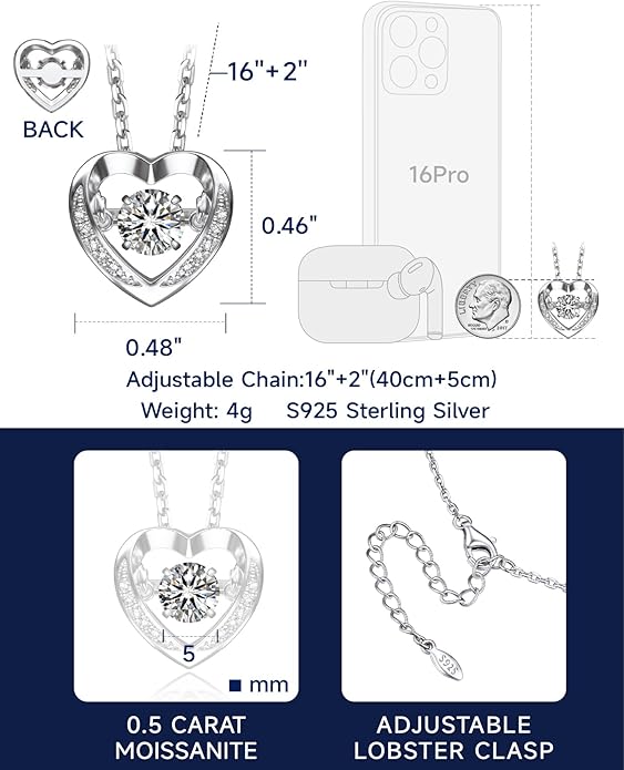 MomentWish Dancing Heart Necklace for Women, 0.5/1 Carat Dancing Moissanite Necklace for Her 925 Sterling Silver Pendant Anniversary Birthday Christmas Gift for Wife Mom Girlfriend