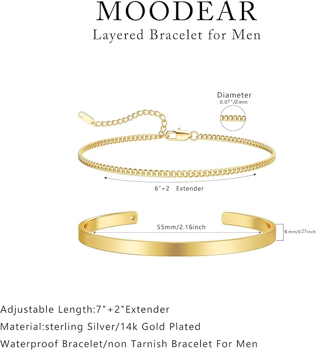 Moodear Stackable Bracelets for Men - Dainty 925 Sterling Silver/14K Gold Plated Cuff Snake Box Cuban Link Chain Bangle Bracelet Set Mens Jewelry