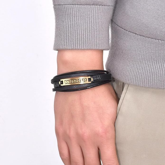Italian Handmade Genuine Leather Bracelets for Men Stainless Steel Clip, Men's Casual Genuine Multi-layer Cuff Bracelet, Bracelet Gift for Real Men