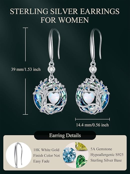 TOUPOP Tree of Life Birthstone Earrings for Women 925 Sterling Silver Family Tree Dangle Earrings Austrian Crystal Jewelry Birthday Christmas Gifts for Her Girlfriend Wife Mom