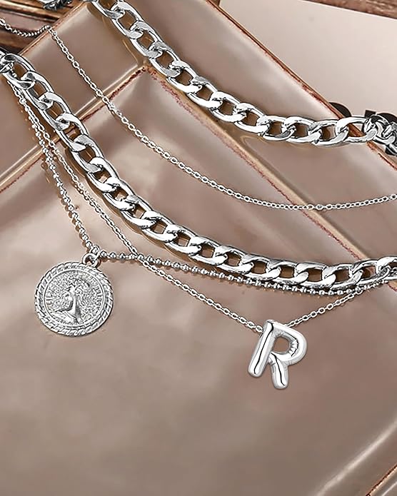 MJartoria Layered Necklaces for Women Trendy Balloon Initial Coin Pendant Necklace Dainty Chunky Chain Choker Necklaces Jewelry Birthday Gifts