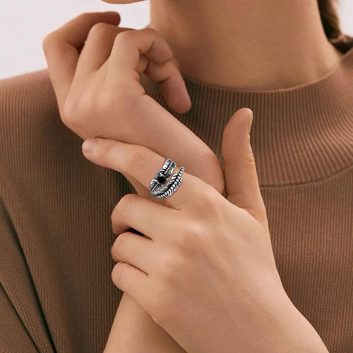 Sterling Silver Feather Ring with Black Onyx & Turquoise - Adjustable Stacking Vintage Statement Ring for Women & Men