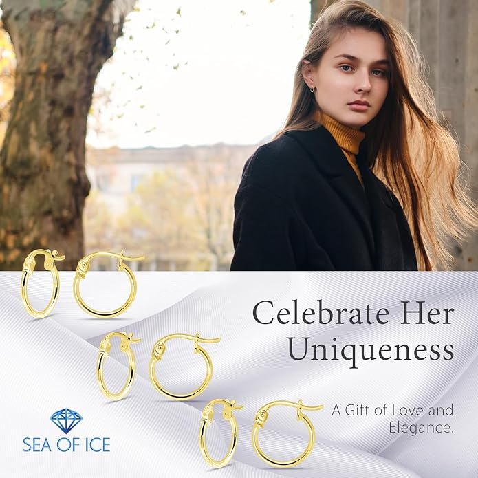 SEA OF ICE 925 Sterling Silver Hoop Earrings for Women - Hypoallergenic Earrings for Women in Sterling Silver, Yellow Gold, Rose Gold or Black Rhodium | Sizes 12MM, 15MM, 20MM or Multipack
