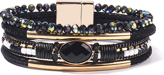 FANCY SHINY Leather Wrap Bracelets Crystal Beads Bracelet Boho Cuff Stone Charm Bracelets with Clasp Costume Jewelry for Women