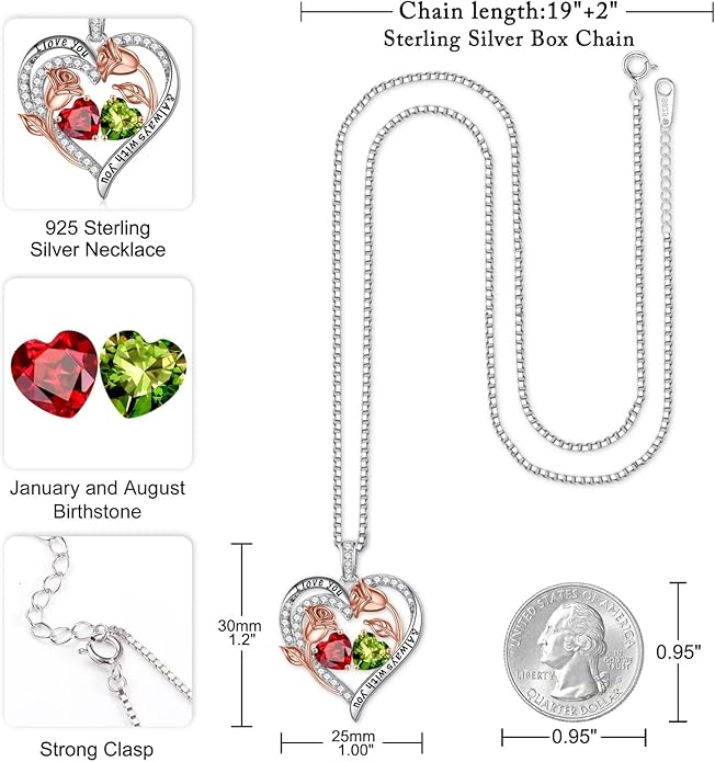 Iefil Birthstone Necklace for Women - 925 Sterling Silver Rose Heart Birthstone Necklace Birthday Anniversary Jewelry Gifts for Her Wife Mom Daughter
