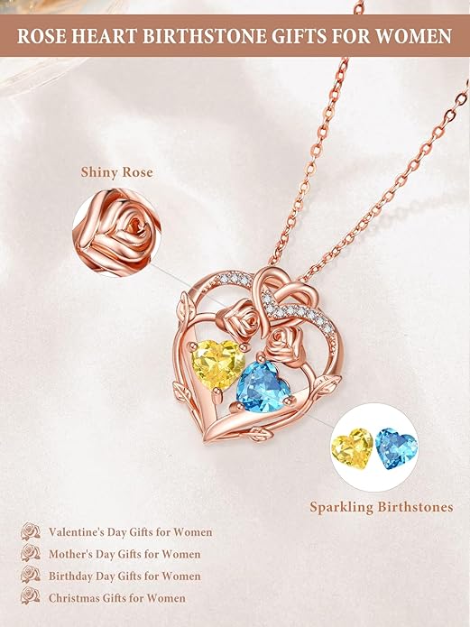 Rose Gold Necklaces for Women Double Birthstone Rose Flower Heart Pendant Necklace Jewelry Anniversary Christmas Valentine's Mother's Day Birthday Gift for Wife Mom Her Girlfriend Sister