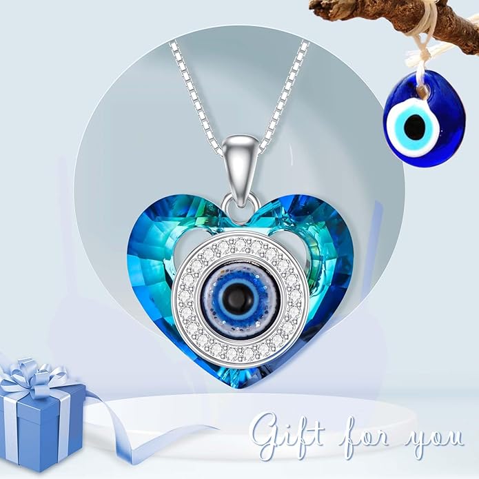 POPKIMI Evil Eye Necklace for Women - Sterling Silver Crystal Pendant With Heart - Fashion Jewelry Gifts