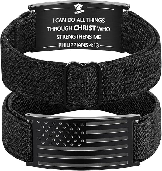 LDOWWGL Valentines Day Gifts - Patriotic American Flag Bracelet for Men - Military Adjustable Black Elastic Strap with Bible Verse - Veteran Gifts, Birthday Gift for Boys
