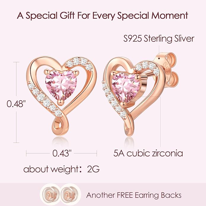 Earrings for Women, S925 Sterling Silver Rose Gold Birthstone Heart Studs Earring for Girlfriend Wife, Anniversary Birthday Christmas Valentines Mothers Day Gifts Jewelry for Women Wife Her Mom