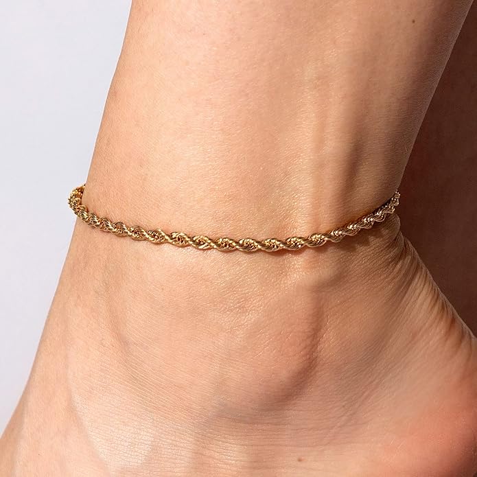 LIFETIME JEWELRY Womens Gold Anklet 4mm Rope Chain Ankle Bracelet 24k Real Gold Plated