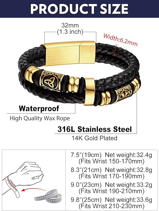 Bandmax Mens Black Double Wax Rope Cuff Bracelets Waterproof Stainless Steel Norse Style Celtic Knot Beads Bracelet Wristband Gift for Men