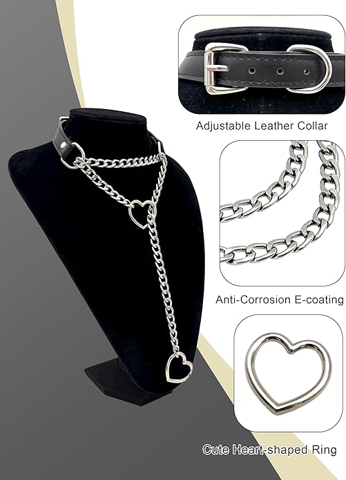 Black Leather Choker Collar For Women, Handmade Heart Slip Chain Choker Long Necklace with Adjustable Buckle