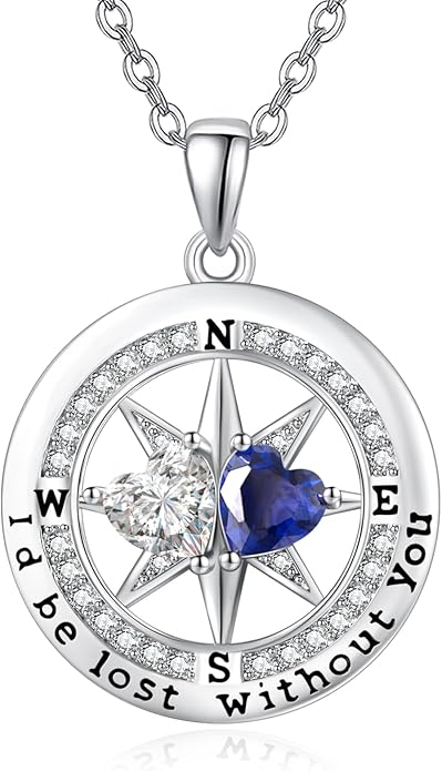 Compass Birthstones Necklace for Women, Exquisite Anniversary Birthday Gifts for Wife Her Double Birthstone Pendant jewelry ‘I'd be Lost Without You’