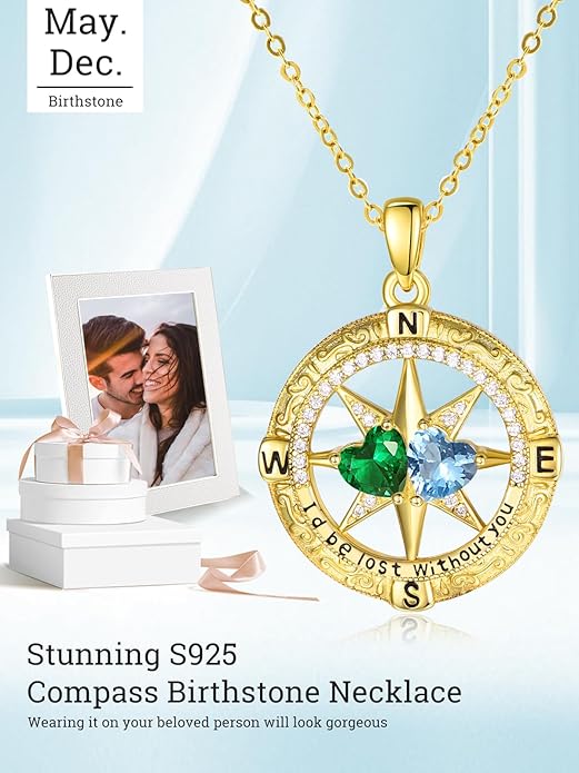 Zeuslia Double Birthstone Necklace Gifts for Wife - 925 Sterling Silver Sunflower/Rose/Crown Cross/Compass/Heart Pendant I Love You Necklace, Anniversary Birthday Gifts for Wife Girlfriend Mom Her