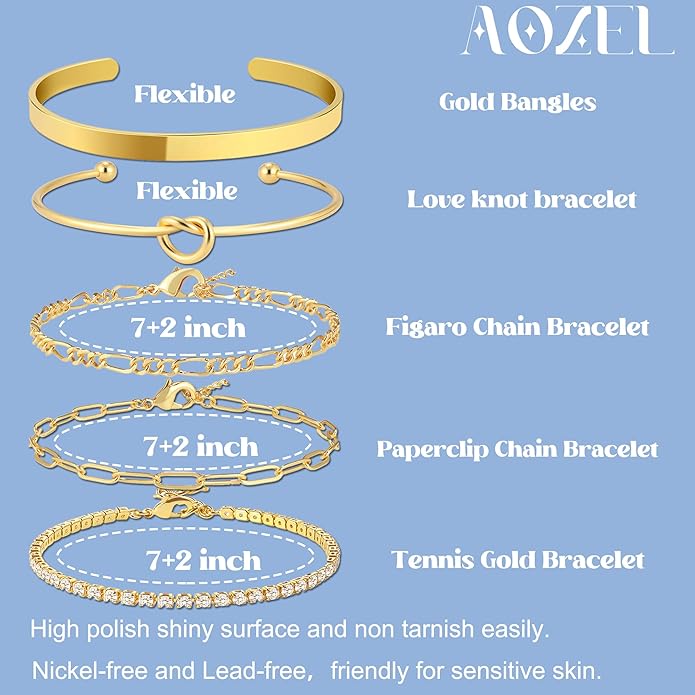 AOZEL Gold Plated Bracelets for Women Stack,Bangle Cuff Bracelet Set Non Tarnish Jewelry for Women Trendy
