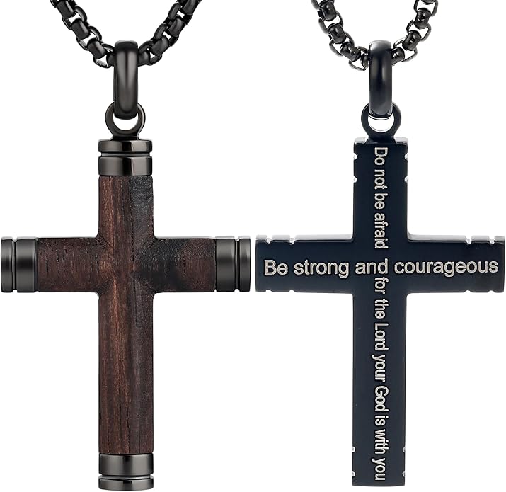 GTMJ Cross Necklace for Men -Stainless Steel & Wood Adjustable Box Chain 24-26in, Spiritual Jewelry Gift for Him, Everyday Wear