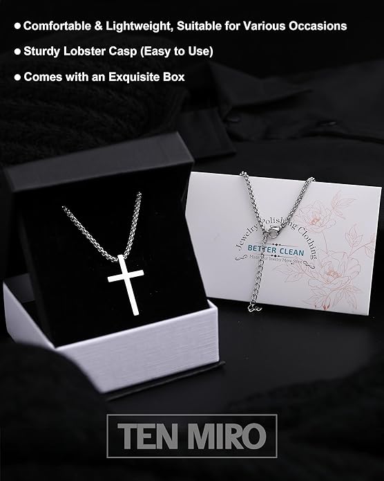 TEN MIRO Silver/Black Cross Necklace for Men Boy Stainless Steel Cross Pendant Necklace for Men Christian Religious Jewelry with Box & Card Birthday Anniversary Christmas Father's Day Gifts for Him