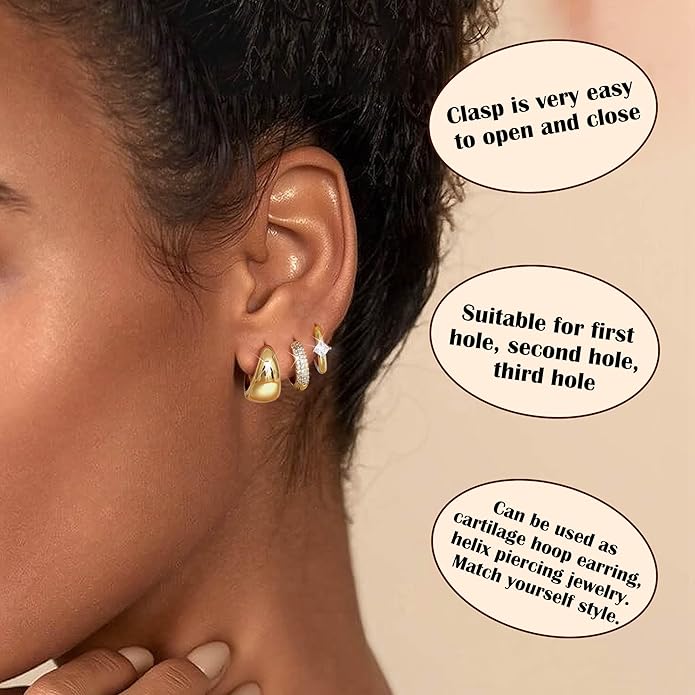 LOYALLOOK 3Pairs Gold Hoop Earrings Set for Women Trendy Huggie Hoop Earrings Stacks for Multiple Piercing 14K Gold Plated Chunky Hoop Earrings Set Hypoallergenic Cartilage Earring Lightweight