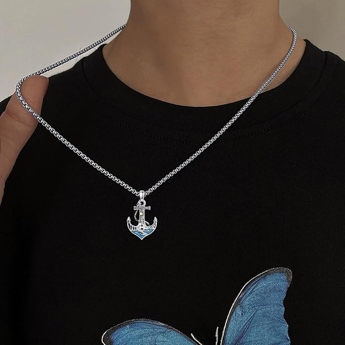 LEECCI Anchor Wave/Four Leaf Clover/Surfboard Necklace 925 Sterling Silver Anchor Pendant Jewelry Gift Graduation Gift for Men Women