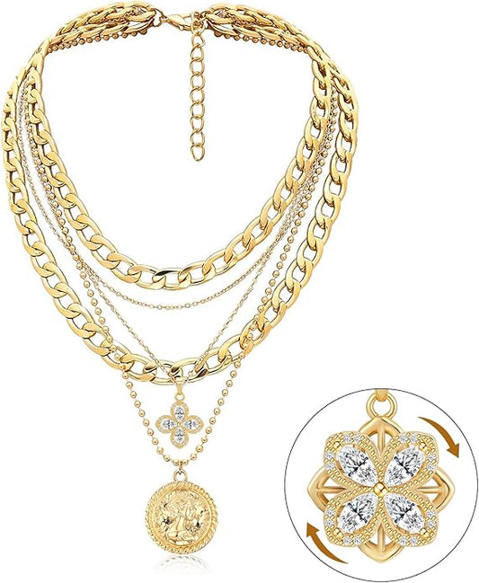 MJartoria Layered Necklaces for Women Trendy Retro Coin Pendant Necklace Dainty Chunky Chain Choker Necklaces for Jewelry Birthday Gifts