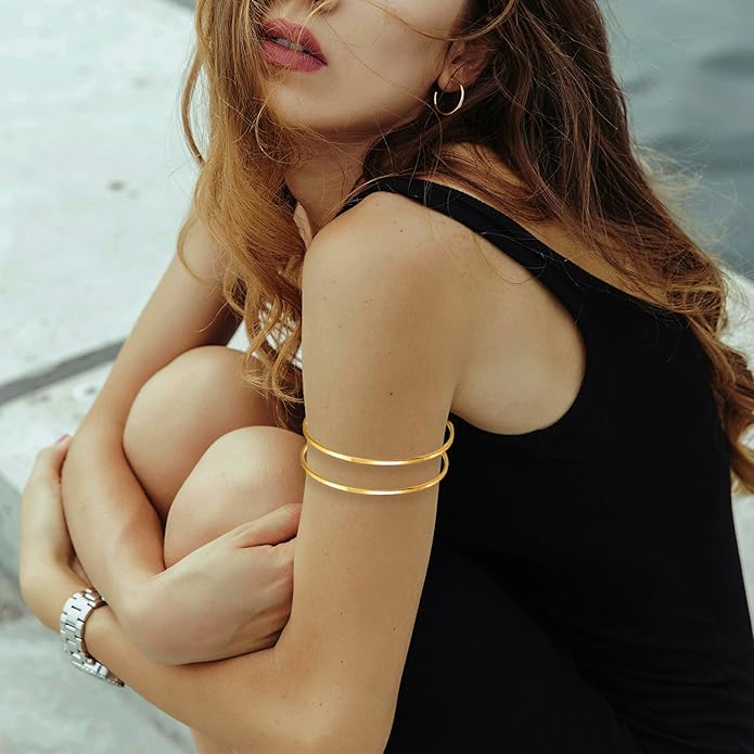 YVVLEE 4 Pieces Gold Arm Cuff Bracelets Set Jewelry Upper Coil Bangle Bracelets Adjustable Armband Set for Women