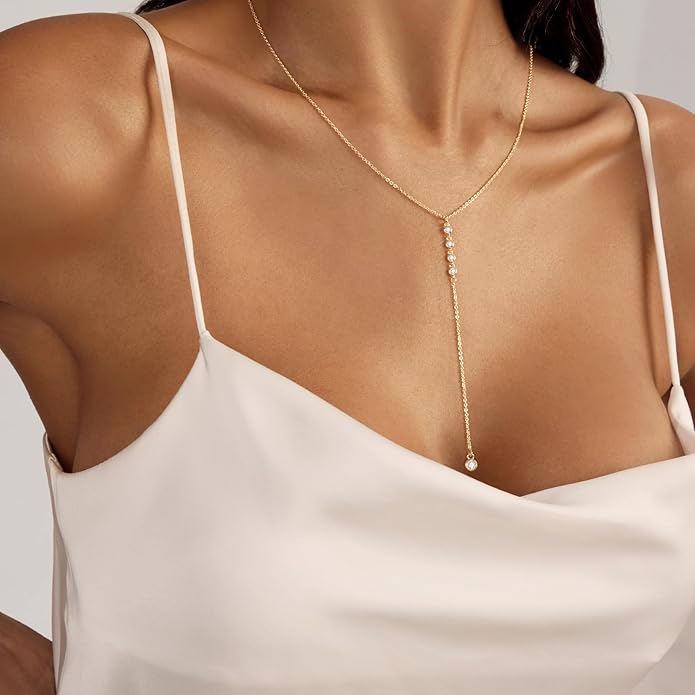 Lariat Silver/Gold Necklace for Women 925 Silver/14K Gold Plated Dainty Long Necklace Y-Shaped Drop Pendant Necklaces Choker Trendy Chain Simple Layered Necklaces CZ Jewelry for Women Set Gift