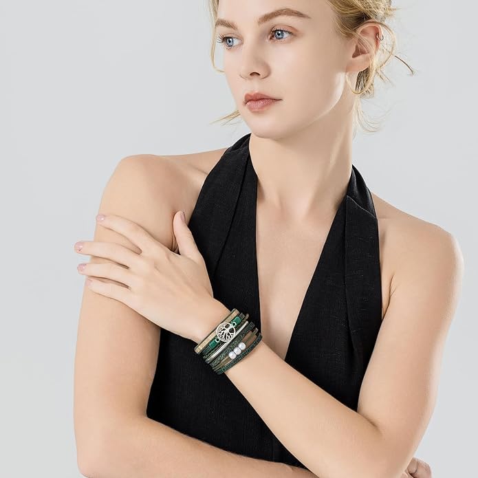 FANCY SHINY Tree of Life Leather Wrap Bracelet Inspirational Cuff Bangles Boho Pearl Bracelets with Magnetic Clasp Unique Jewelry Gifts for Women