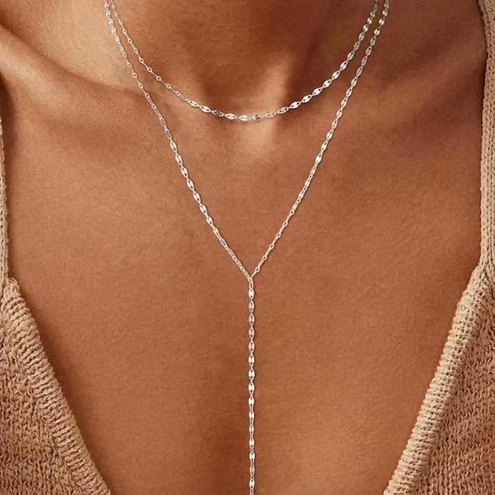 Lariat Necklace for Women, Dainty Long Necklaces, 14k Gold/Silver Plated Y-Shaped Drop Chain Necklace, Simple Layered Necklaces, Trendy Jewelry Gifts for Her