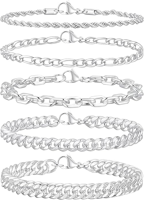 VNOX 5/7 Pcs Chain Bracelet for Men Women - Sturdy Stainless Steel Curb Width Cuban Link Chain Bracelet Set for Men Women,6.5/7/7.4/8.2/9 Inches