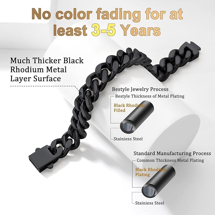 Bestyle Thick Mens Cuban Link Chain Bracelets, Durable Real 18K Gold/Black Metal Plated Solid Stainless Steel Hand Chain Cuban Bracelets for Men, Silver Black Gold Bracelets for Father Husband