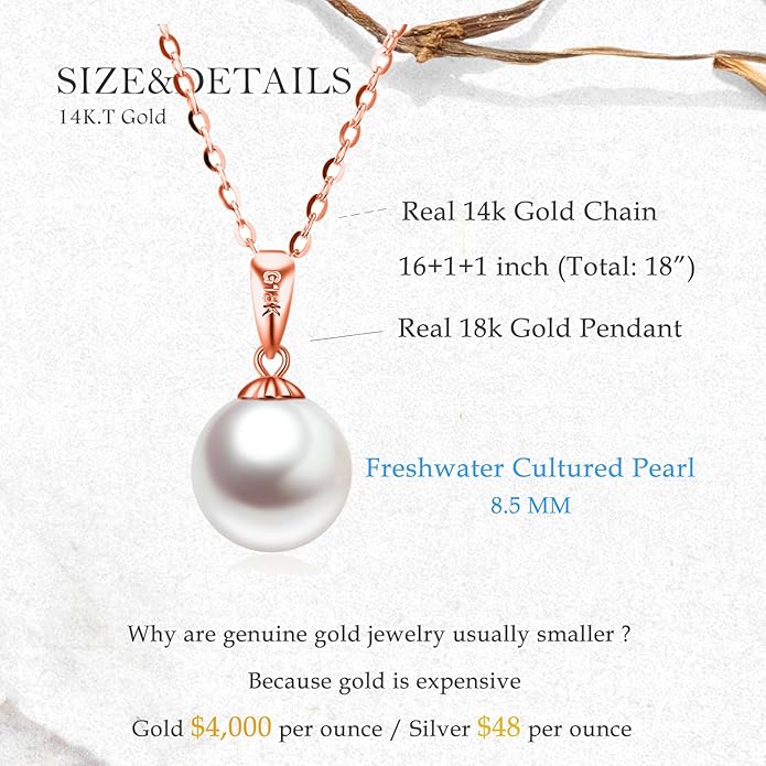 14K Gold Pearl Necklaces for Women with 18k Gold Pendant (Freshwater Cultured Pearl), Real Gold Present for Her, Jewelry Gifts for Mother Wife Girlfriend, 16"-18"