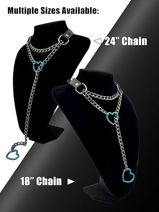 Black Leather Choker Collar For Women, Handmade Heart Slip Chain Choker Long Necklace with Adjustable Buckle