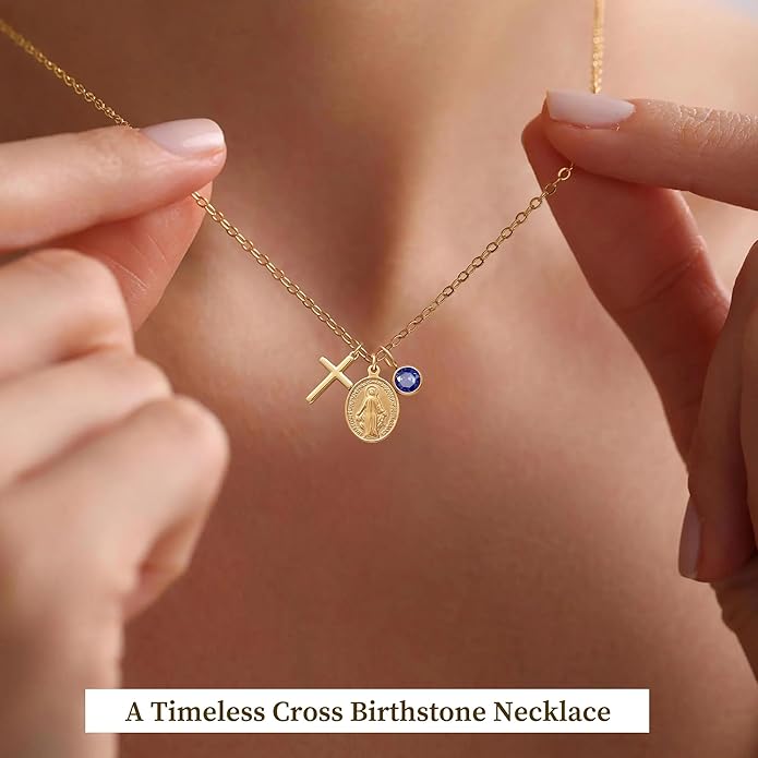 Gold Cross Necklaces for Women, 1-12 Birthstone Necklace Stocking Stuffers for Her Faith Confirmation Gifts for Teen Girls Virgin Mary Necklace Gifts for Christians Birthday Baptism Religious Jewelry