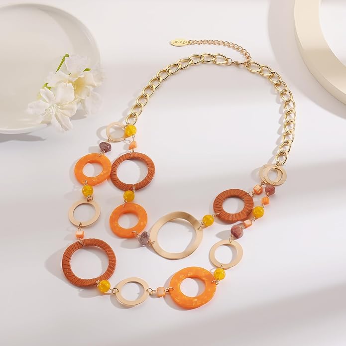 Bocar Layered Collar Necklace Statement Circle 2 Strand Chain Jewelry Necklaces Trendy for Women Gift