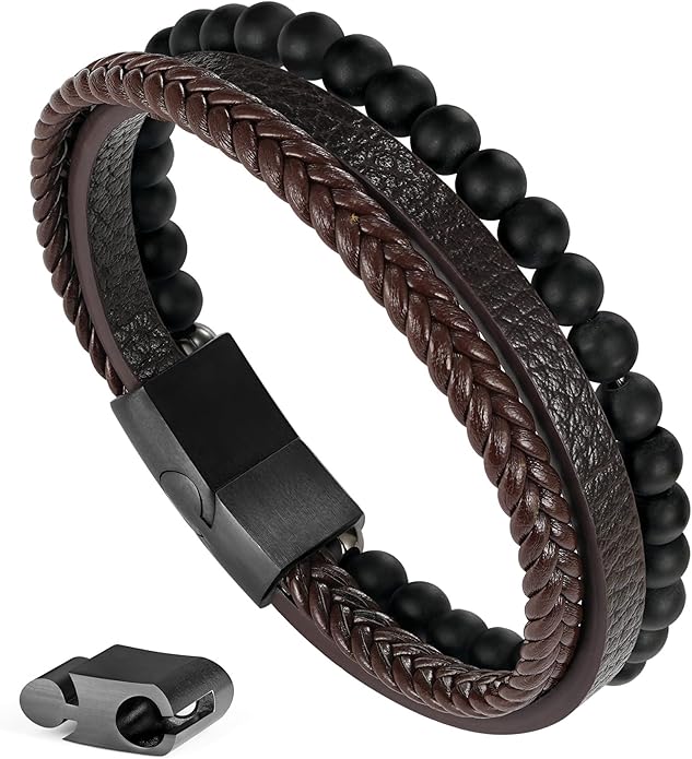 Gifts for Men - Layered Leather Beads Bracelet, Tiger Eye Lava Rock Stone Braided Leather Bracelets for Men Adjustable Magnetic Clasp Birthday Gifts